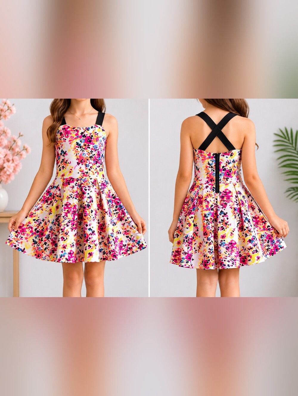 SO Floral Fit & Flare Dress Crisscross Back Bright Dress XL